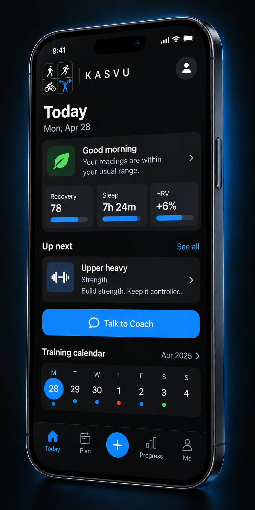 Kasvu design concept with a morning summary, upcoming lift, Talk to Coach and training calendar